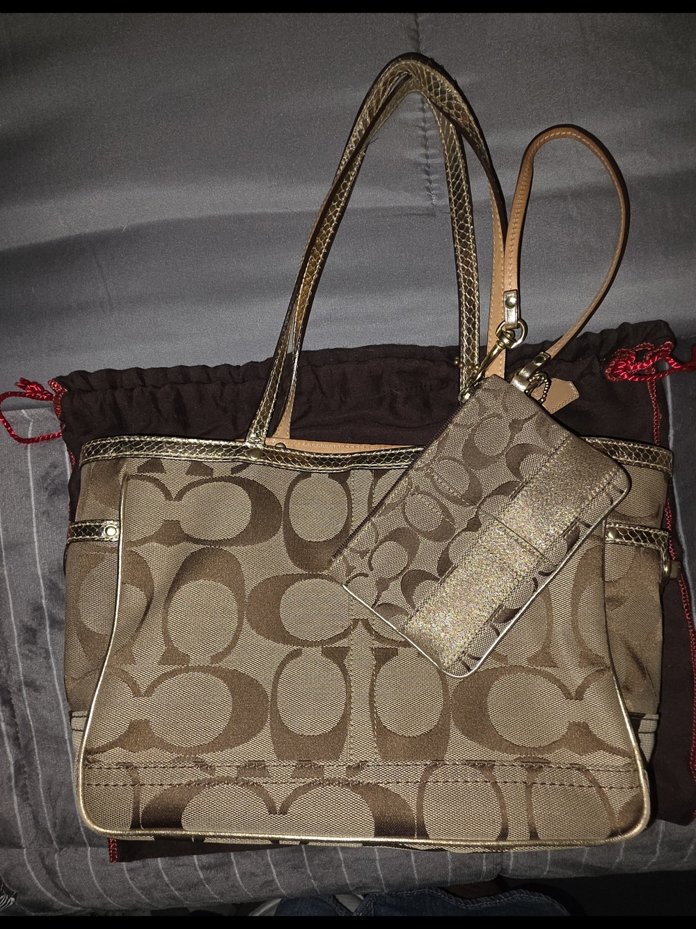 COACH Signature Canvas Tote with Wristlet - Gold